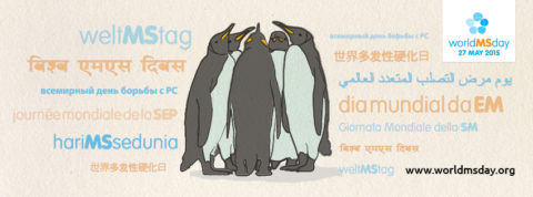 A drawing of penguins surrounded by the words World MS Day in several languages