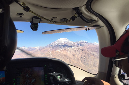 The view from the cockpit as the plane crosses the Andes towards Santiago de Chile