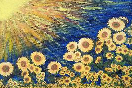 A painting of sunlight shining down on a field of sunflowers under a blue sky.